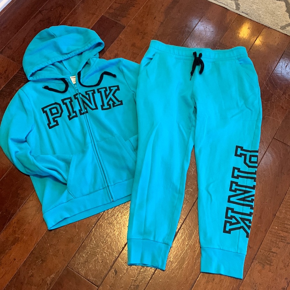 PINK Victoria’s Secret bright blue zip up hooded jacket with matching sweats